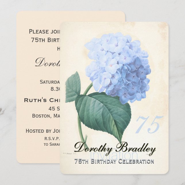 Vintage Blue Hydrangea 75th Birthday Celebration I Invitation (Front/Back)