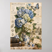 Vintage Blue Hydrangea Butterfly Botanical Wall Ar