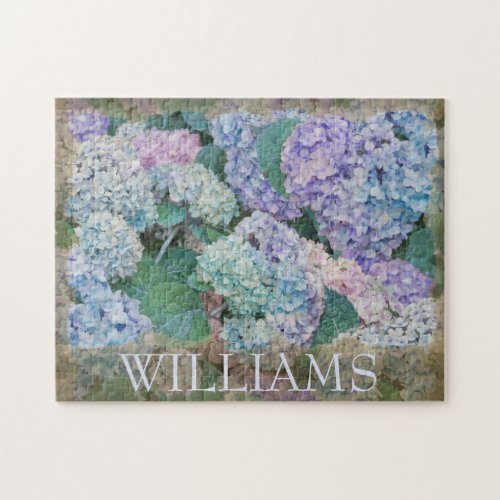 Vintage Blue Hydrangea Floral Family Name Jigsaw Puzzle