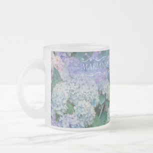 Vintage Blue Hydrangea Floral Monogram Name Frosted Glass Coffee Mug