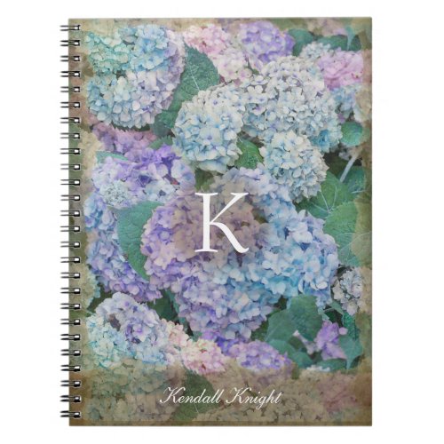 Vintage Blue Hydrangea Floral Monogram Name Notebook