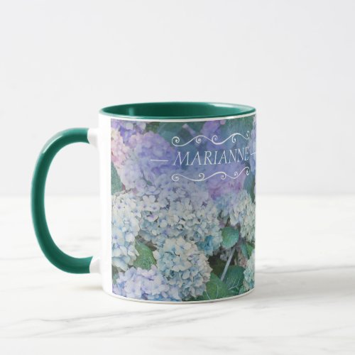 Vintage Blue Hydrangea Floral Name Script Mug