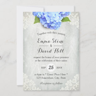 Vintage Blue Hydrangea Floral White Lace Wedding Invitation