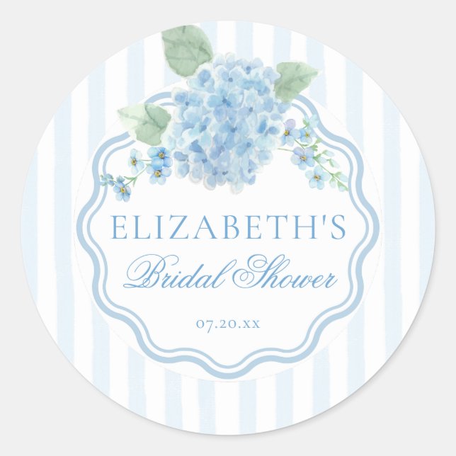 Vintage Blue Hydrangea Flower Stripe Bridal Shower Classic Round Sticker (Front)