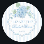 Vintage Blue Hydrangea Flower Stripe Bridal Shower Classic Round Sticker<br><div class="desc">A vintage-inspired,  classic,  and elegant cottage grandmillennial design featuring a Victorian English garden aesthetic. Delicate watercolor blue hydrangeas and charming forget-me-not flowers are arranged against soft blue preppy stripes with a scalloped hand-drawn oval frame.</div>