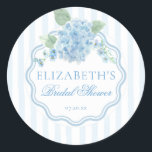 Vintage Blue Hydrangea Flower Stripe Bridal Shower Classic Round Sticker<br><div class="desc">A vintage-inspired,  classic,  and elegant cottage grandmillennial design featuring a Victorian English garden aesthetic. Delicate watercolor blue hydrangeas and charming forget-me-not flowers are arranged against soft blue preppy stripes with a scalloped hand-drawn oval frame.</div>