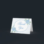 Vintage Blue Hydrangea Flower Stripe Bridal Shower Thank You Card<br><div class="desc">A vintage-inspired,  classic,  and elegant cottage grandmillennial design featuring a Victorian English garden aesthetic. Delicate watercolor blue hydrangeas and charming forget-me-not flowers are arranged against soft blue preppy stripes with a scalloped hand-drawn oval frame. Perfect design for "something blue before I do" theme party.</div>
