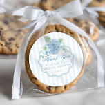 Vintage Blue Hydrangea Flower Stripe Thank You Classic Round Sticker<br><div class="desc">A vintage-inspired,  classic,  and elegant cottage grandmillennial design featuring a Victorian English garden aesthetic. Delicate watercolor blue hydrangeas and charming forget-me-not flowers are arranged against soft blue preppy stripes with a scalloped hand-drawn oval frame.</div>