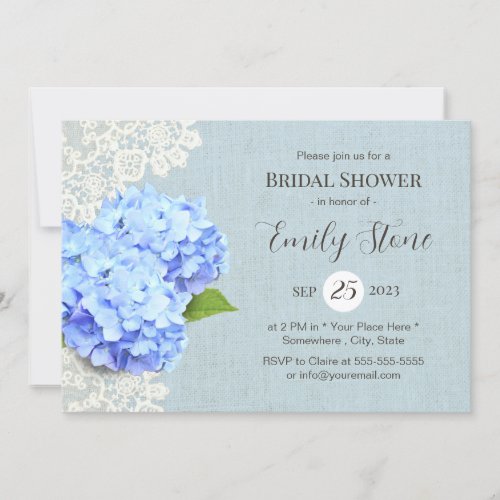Vintage Blue Hydrangea  Lace Rustic Bridal Shower Invitation
