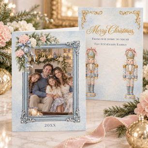 Vintage Blue Hydrangea Nutcracker Christmas Photo Holiday Card