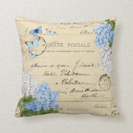 Vintage Blue Hydrangea Paris Postcard Throw Pillow