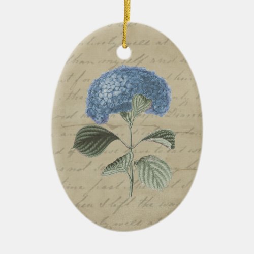 Vintage Blue Hydrangea with Antique Calligraphy Ceramic Ornament