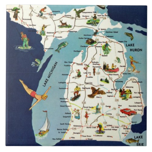 Vintage Blue Illustrated Michigan Map Tile