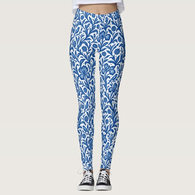 Vintage Blue Iris Botanical Pattern Leggings (Front)