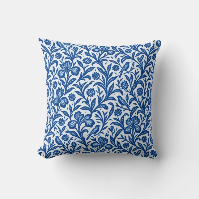 Vintage Blue Iris Botanical Pattern Throw Pillow (Front)
