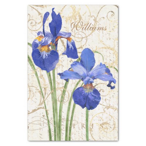 Vintage Blue Iris Floral Gold Damask Family Name Tissue Paper