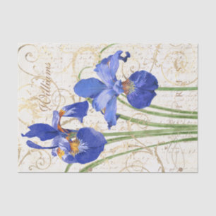 Vintage Blue Iris Floral Gold Damask Family Name Tissue Paper