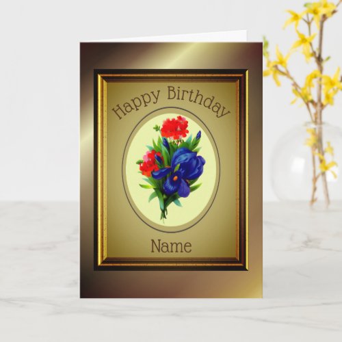 Vintage Blue Iris Flower Bouquet Birthday Card