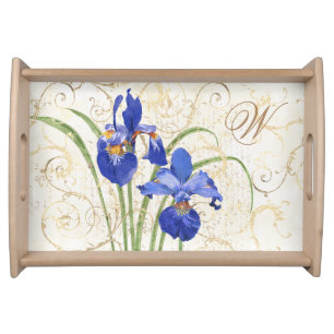 Vintage Blue Iris Gold Damask Monogram Floral Serving Tray
