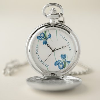 Vintage Blue Iris Pocket Watch With Dedication by NorthDesignStudio at Zazzle