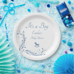 Vintage Blue Its a Boy Baby Shower Floral Scrolls Paper Plates