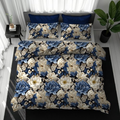 Vintage Blue Ivory Floral Duvet Cover Classic Deco