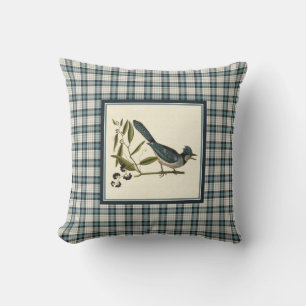 Vintage Blue Jay with Rustic Plaid Throw Pillow