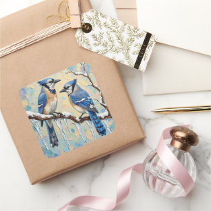 Vintage Blue Jays on Icicle Branch Christmas Art Square Sticker