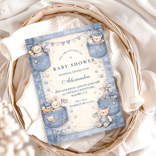 Vintage Blue Jeans Pocket Friends Baby Shower Invitation (Creator Uploaded)