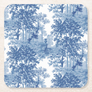 Vintage Blue Landscape Toile w/Urns and Columns  Square Paper Coaster