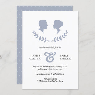 Vintage Blue Laurel Bride Groom Silhouette Wedding Invitation