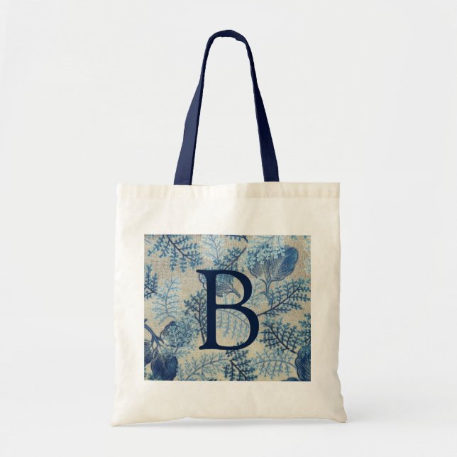 Vintage Blue Leaf Pattern Blue Monogram Tote Bag (Front)