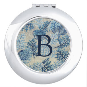 Vintage Blue Leaf Pattern Monogram Compact Mirror