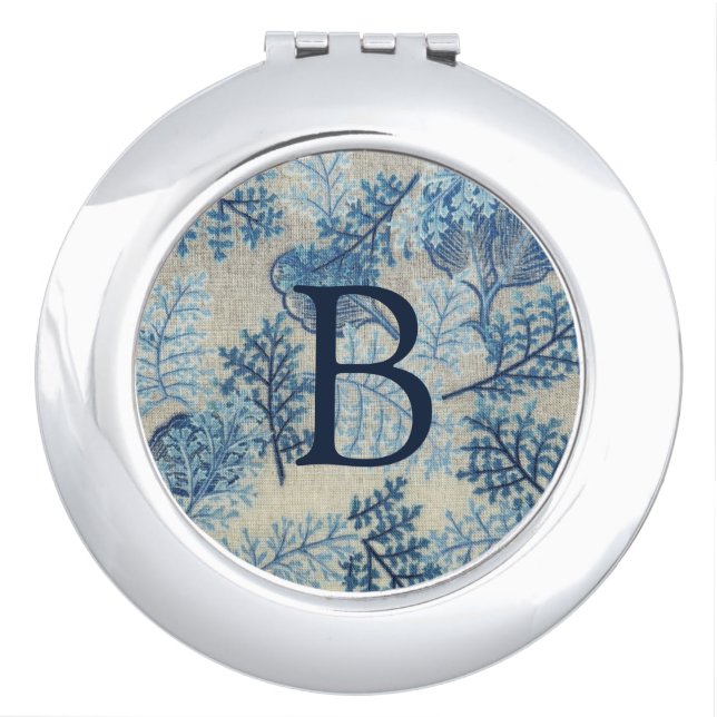 Vintage Blue Leaf Pattern Monogram Compact Mirror (Front)