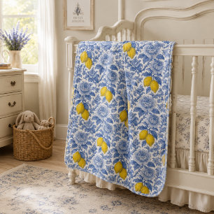 Vintage Blue Lemon Botanical Pattern Baby Blanket