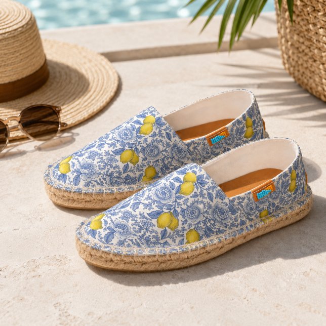 Vintage Blue Lemon Botanical Pattern Espadrilles (Creator Uploaded)