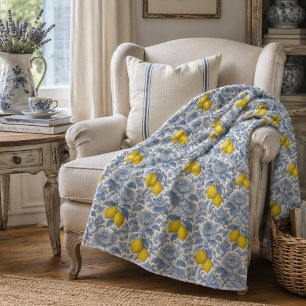 Vintage Blue Lemon Botanical Pattern Fleece Blanket