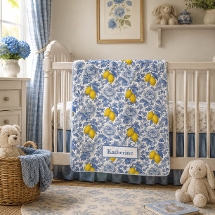Vintage Blue Lemon Botanical Pattern Name Baby Blanket