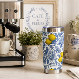 Vintage Blue Lemon Botanical Pattern Name Insulated Tumbler