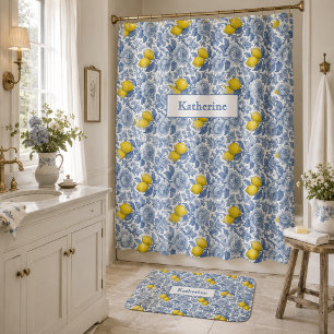 Vintage Blue Lemon Botanical Pattern Name Shower Curtain