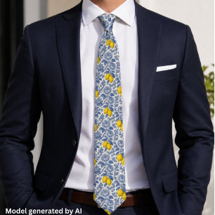 Vintage Blue Lemon Botanical Pattern Neck Tie