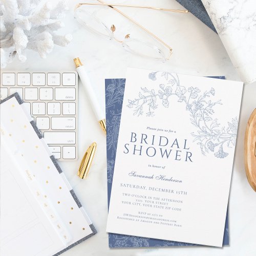 Vintage Blue Line Drawn Floral Bridal Shower  Invitation