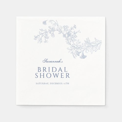 Vintage Blue Line Drawn Floral Bridal Shower Napkins