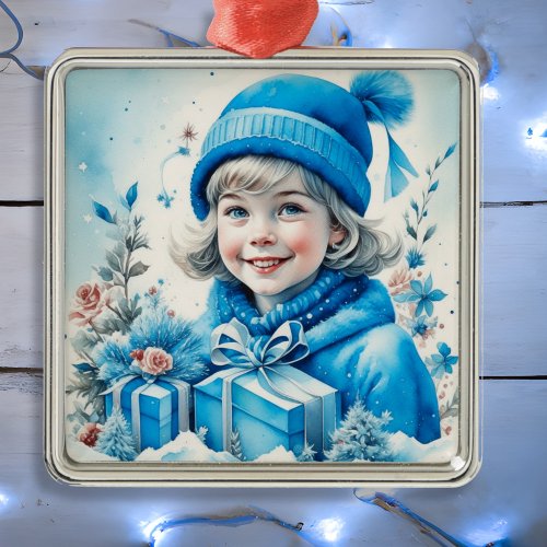 Vintage Blue Little Girl Christmas Personalized Metal Ornament