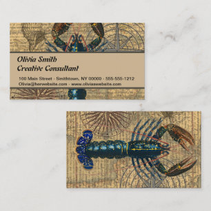 Vintage Blue Lobster Map Collage: Nautical Coastal Business Card