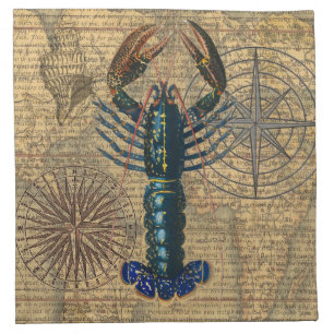Vintage Blue Lobster Map Collage: Nautical Coastal Cloth Napkin