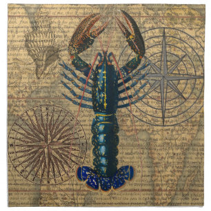 Vintage Blue Lobster Map Collage: Nautical Coastal Cloth Napkin