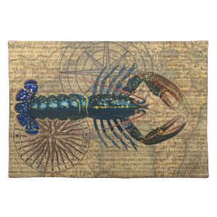 Vintage Blue Lobster Map Collage: Nautical Coastal Cloth Placemat