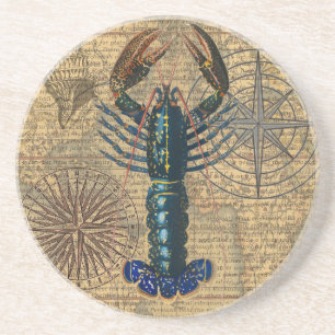 Vintage Blue Lobster Map Collage: Nautical Coastal Coaster