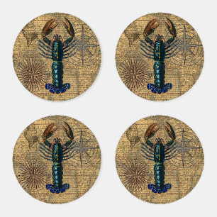Vintage Blue Lobster Map Collage: Nautical Coastal Coaster Set